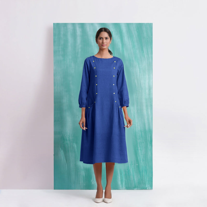 Navy Blue Mirror Work Embroidered Cotton Paneled Midi Dress