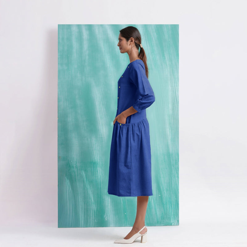 Navy Blue Mirror Work Embroidered Cotton Paneled Midi Dress 36" / Custom Height (Free) Navy Blue Mirror Work Embroidered Cotton Paneled Midi Dress 36" / Custom Height (Free)