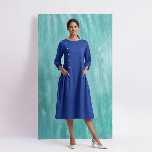 Navy Blue Mirror Work Embroidered Cotton Paneled Midi Dress
