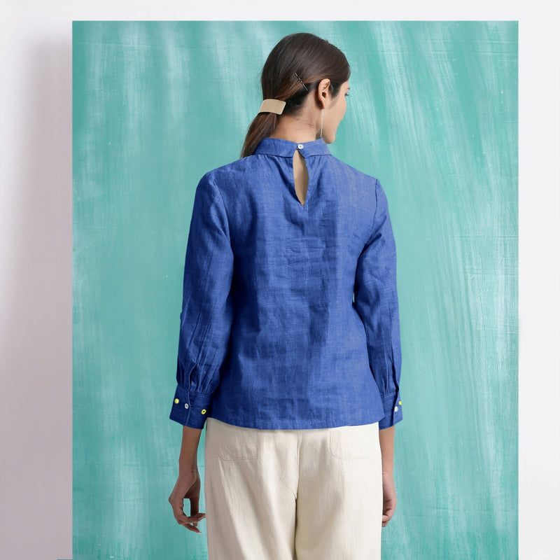 Navy Blue Mirror Work Handspun Cotton Blouse Top