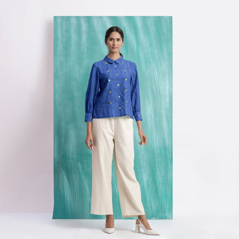 Navy Blue Mirror Work Handspun Cotton Blouse Top