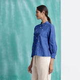 Navy Blue Mirror Work Handspun Cotton Blouse Top