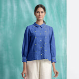 Navy Blue Mirror Work Handspun Cotton Blouse Top