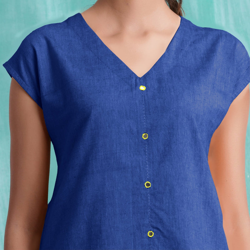 Navy Blue Mirror Work Handspun Cotton Drop Shoulder Top