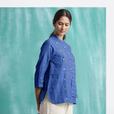 Navy Blue Mirror Work Handspun Cotton Mandarin Collar Top