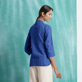 Navy Blue Mirror Work Handspun Cotton Mandarin Collar Top