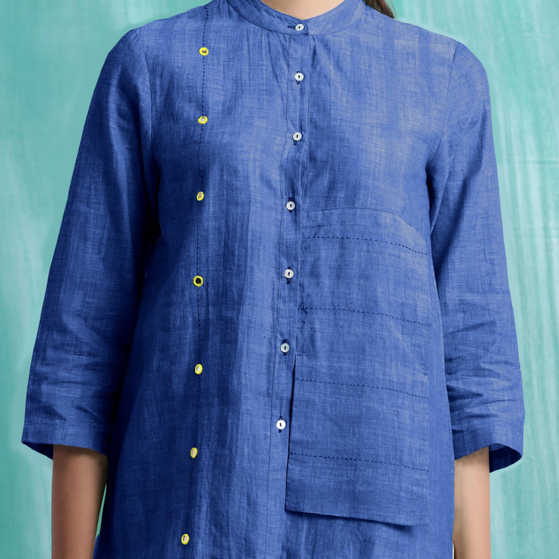Navy Blue Mirror Work Handspun Cotton Mandarin Collar Top