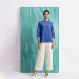 Navy Blue Mirror Work Handspun Cotton Mandarin Collar Top