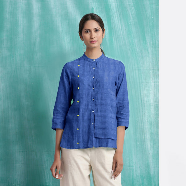 Navy Blue Mirror Work Handspun Cotton Mandarin Collar Top