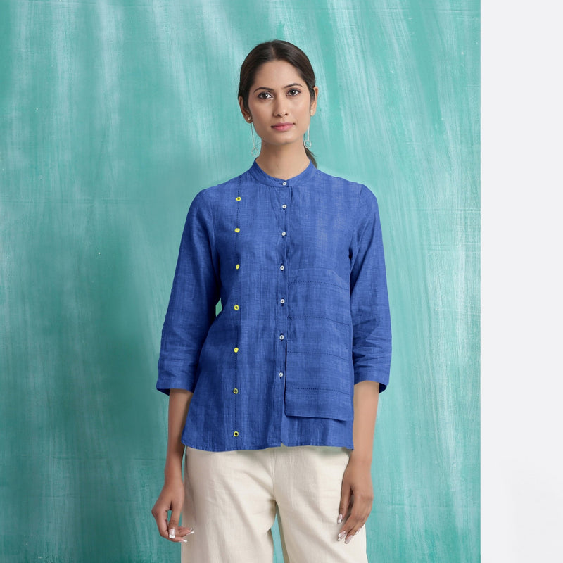 Navy Blue Mirror Work Handspun Cotton Mandarin Collar Top