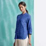Navy Blue Mirror Work Handspun Cotton Mandarin Collar Top