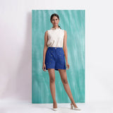 Navy Blue Mirror Work Handspun Cotton Mid-Rise Elasticated Shorts
