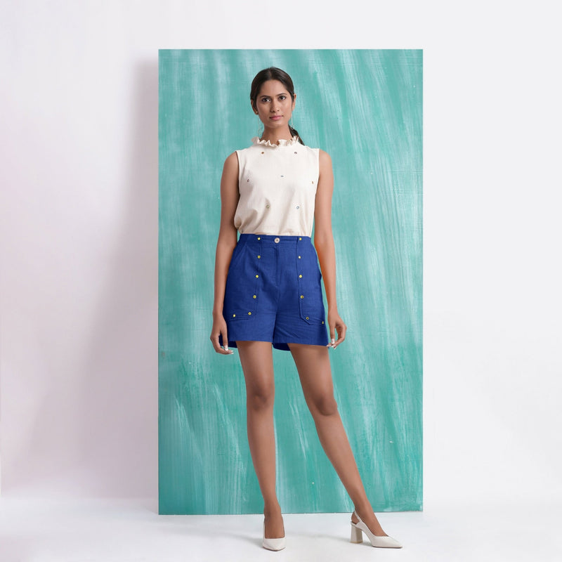 Navy Blue Mirror Work Handspun Cotton Mid-Rise Elasticated Shorts