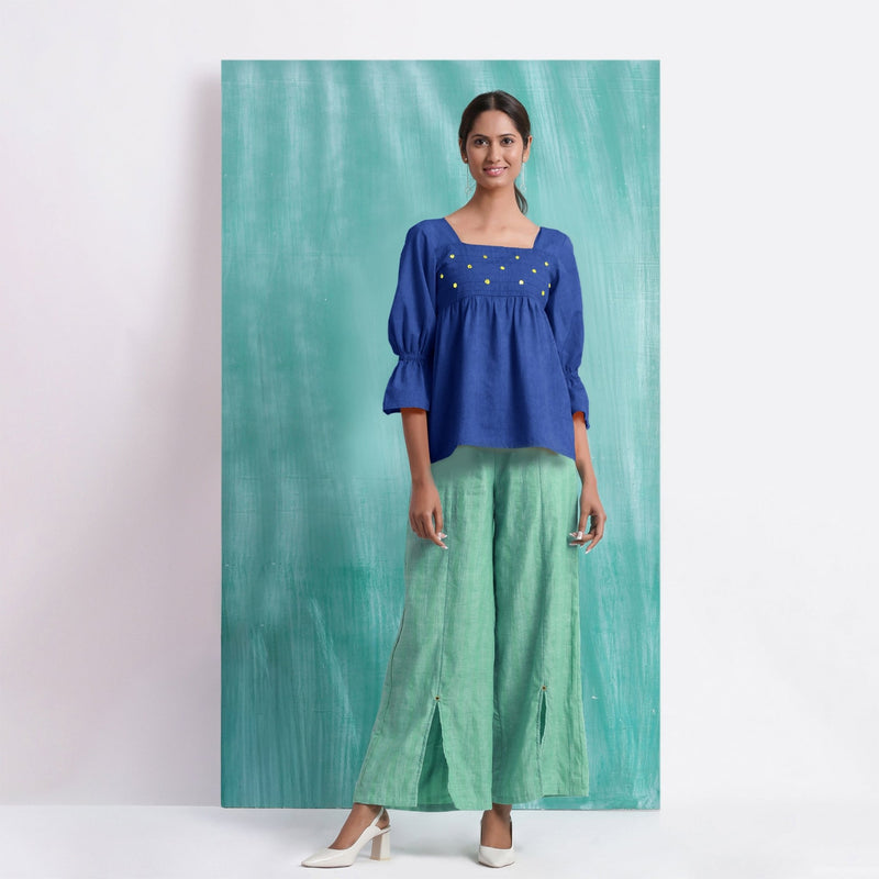 Navy Blue Mirror Work Handspun Cotton Poet Sleeves Yoked Top