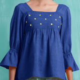 Navy Blue Mirror Work Handspun Cotton Poet Sleeves Yoked Top