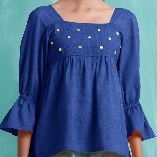 Navy Blue Mirror Work Handspun Cotton Poet Sleeves Yoked Top