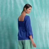Navy Blue Mirror Work Handspun Cotton Poet Sleeves Yoked Top