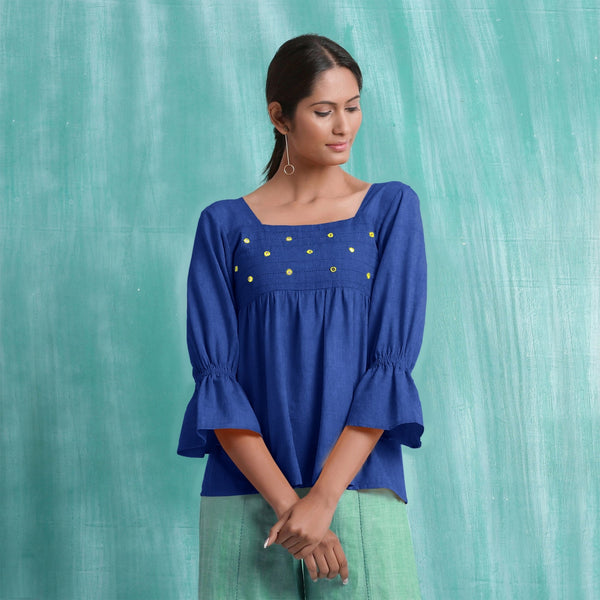 Navy Blue Mirror Work Handspun Cotton Poet Sleeves Yoked Top