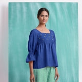 Navy Blue Mirror Work Handspun Cotton Poet Sleeves Yoked Top
