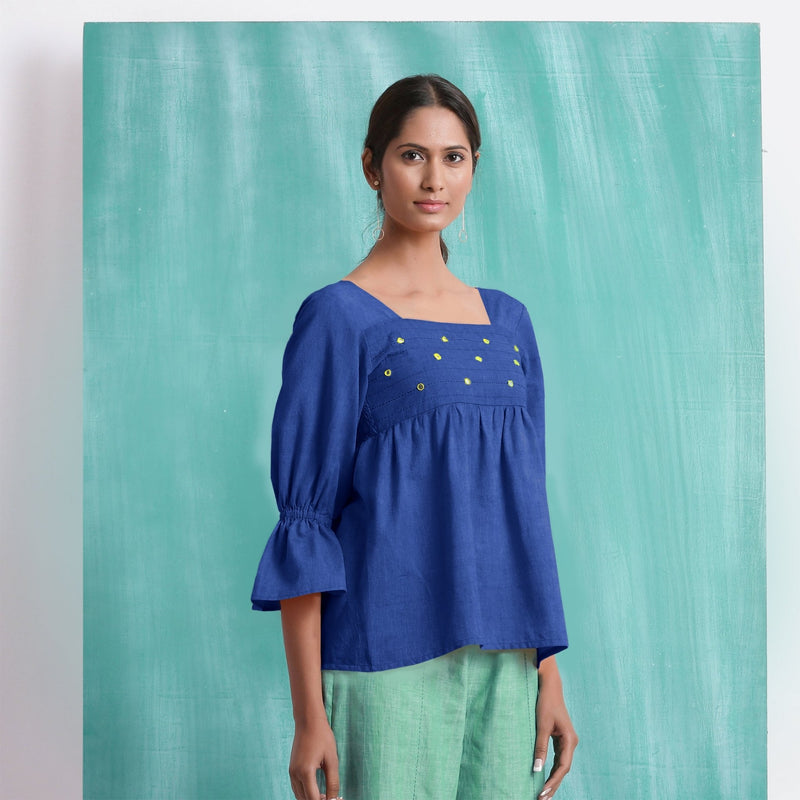 Navy Blue Mirror Work Handspun Cotton Poet Sleeves Yoked Top
