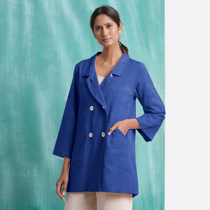 Navy Blue Mirror Work Handspun Cotton Welt Pocket Coat