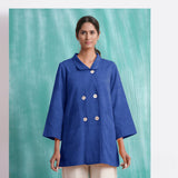 Navy Blue Mirror Work Handspun Cotton Welt Pocket Coat