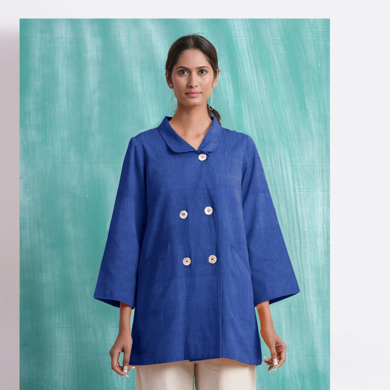 Navy Blue Mirror Work Handspun Cotton Welt Pocket Coat