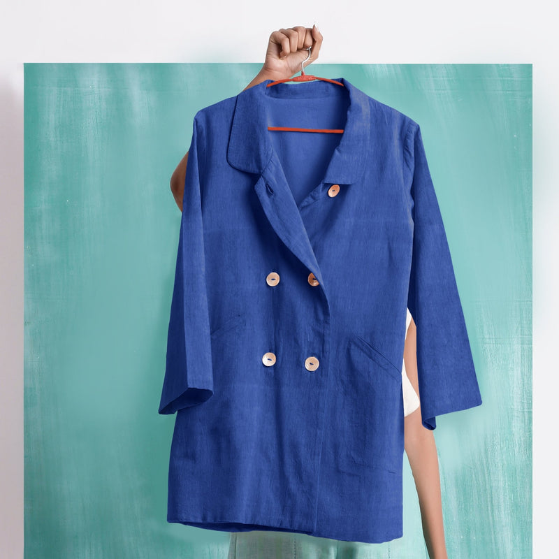 Navy Blue Mirror Work Handspun Cotton Welt Pocket Coat