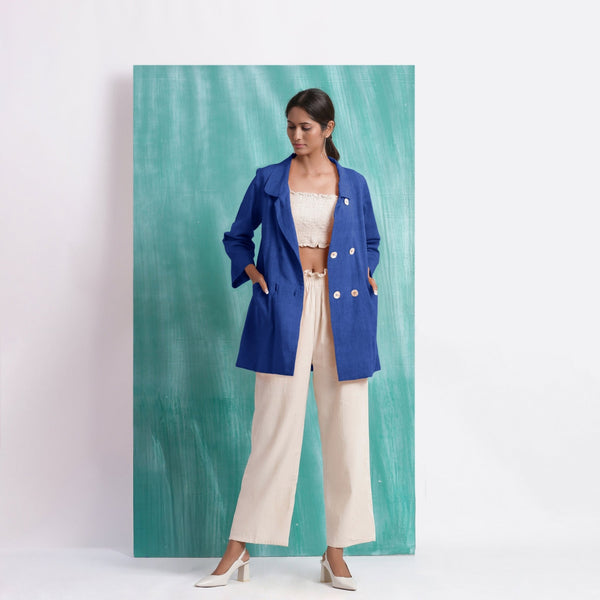 Navy Blue Mirror Work Handspun Cotton Welt Pocket Coat
