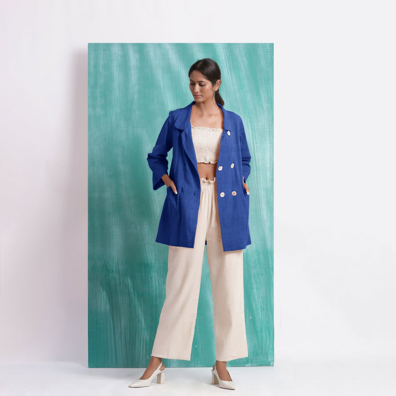 Navy Blue Mirror Work Handspun Cotton Welt Pocket Coat
