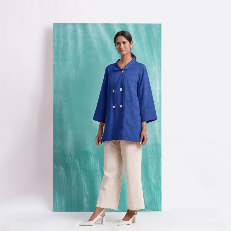 Navy Blue Mirror Work Handspun Cotton Welt Pocket Coat