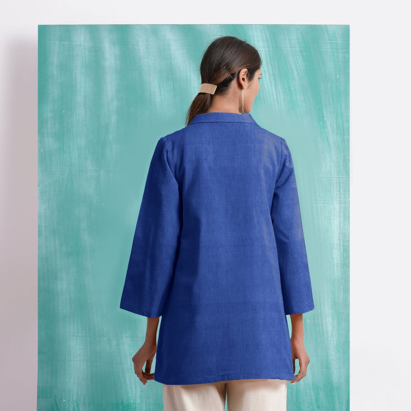 Navy Blue Mirror Work Handspun Cotton Welt Pocket Coat