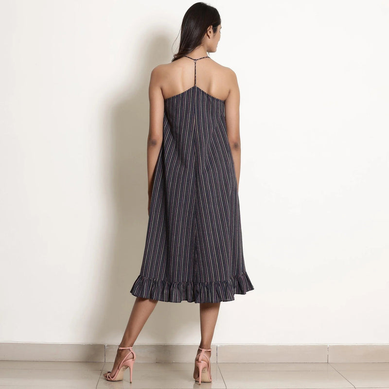 Navy Blue Strappy Cotton Knee Length Flared Dress Navy Blue Strappy Cotton Knee Length Flared Dress