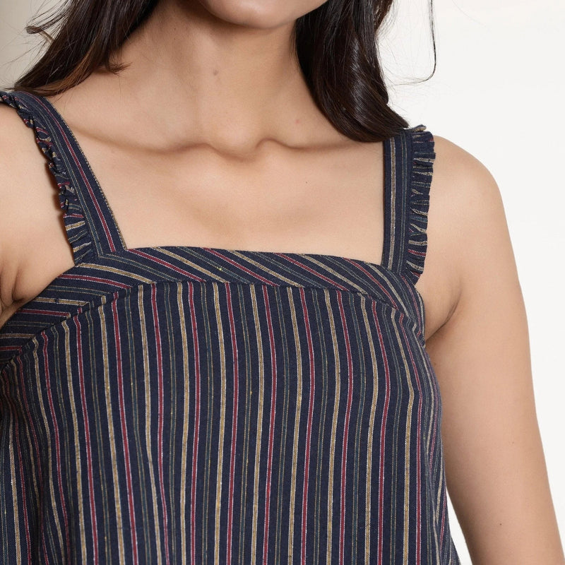 Buy Navy Blue Striped Cotton Frill Camisole Top Online at