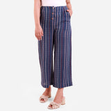 Front View of a Model wearing Navy Blue Crinkled Cotton Striped Culottes