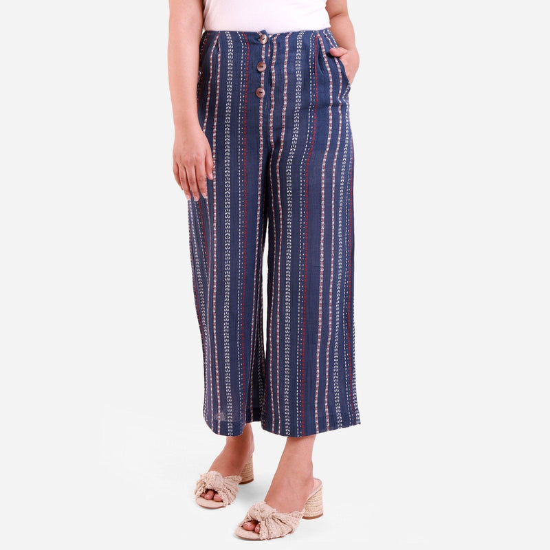 Front View of a Model wearing Navy Blue Crinkled Cotton Striped Culottes