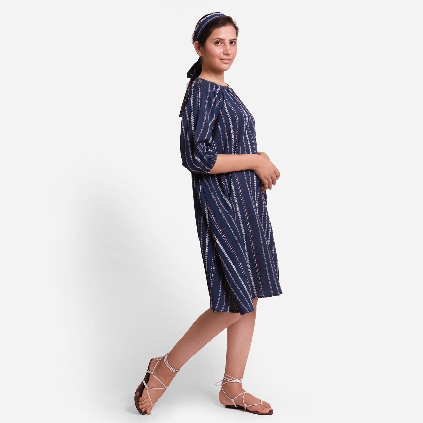 Navy Blue Stripes Crinkled Cotton Knee Length Loose Fit Tunic Custom Size (Free) / Petite (5'1" and below)