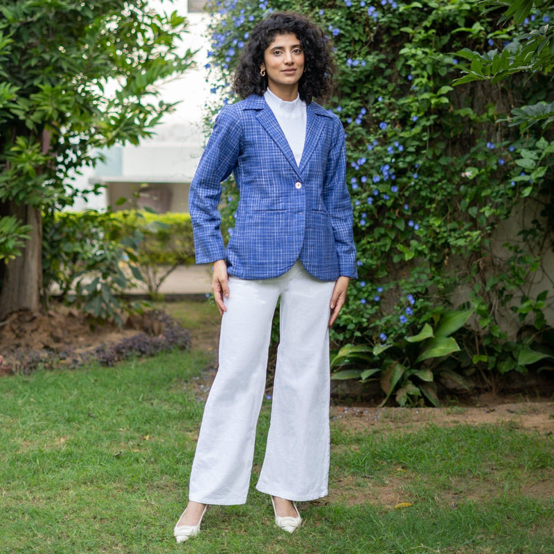 Navy Blue Warm Checks Handspun Cotton Button-Down Blazer