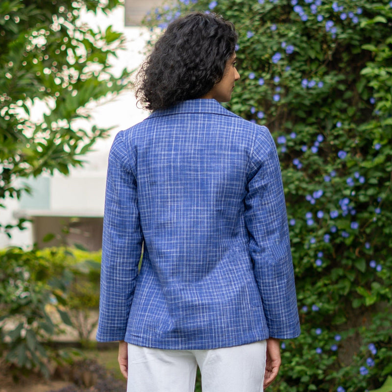 Navy Blue Warm Checks Handspun Cotton Button-Down Blazer