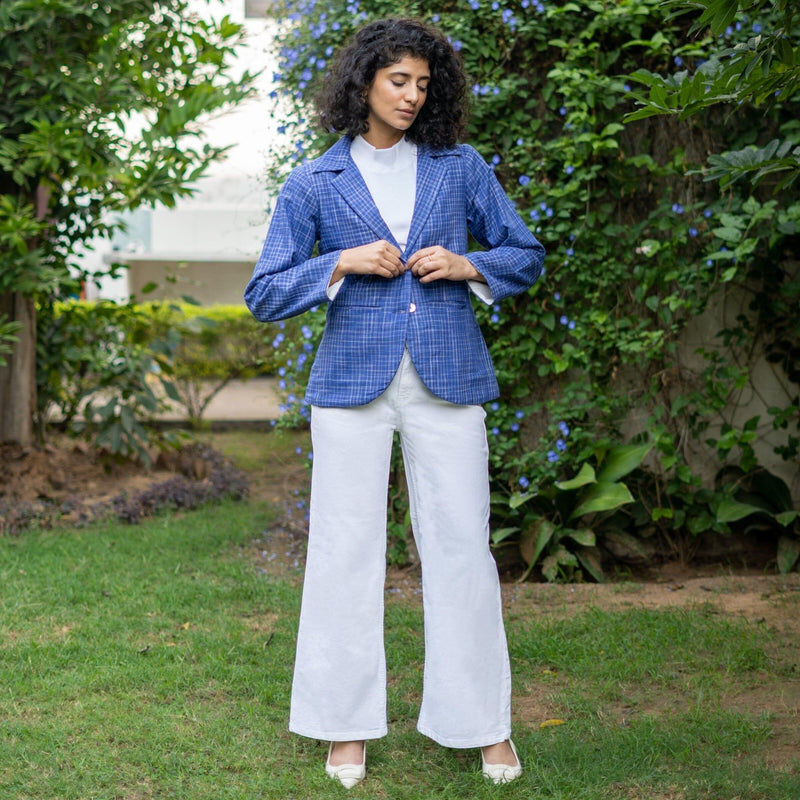 Navy Blue Warm Checks Handspun Cotton Button-Down Blazer