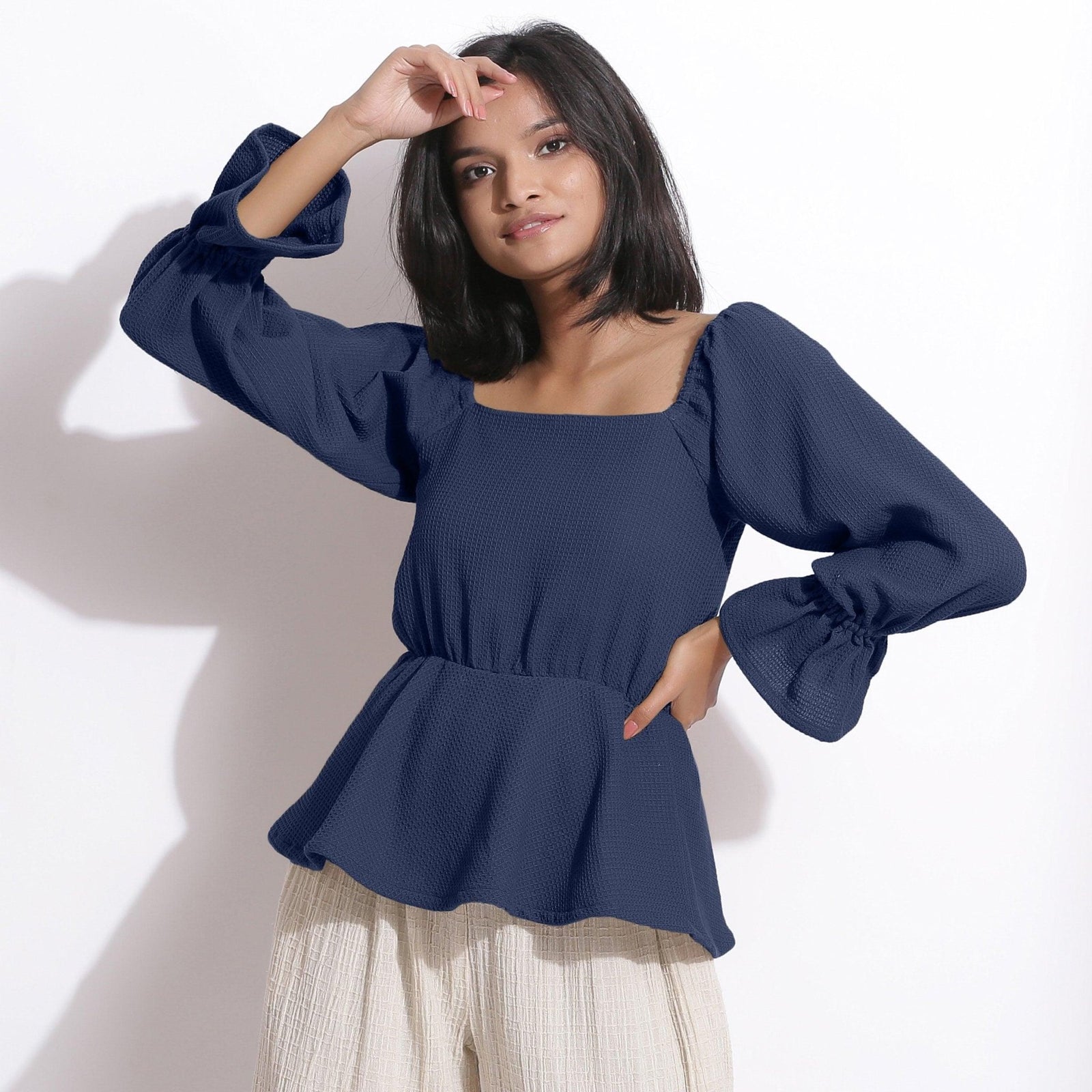 Buy Navy Blue Warm Cotton Honeycomb Waffle Peplum Top Online at