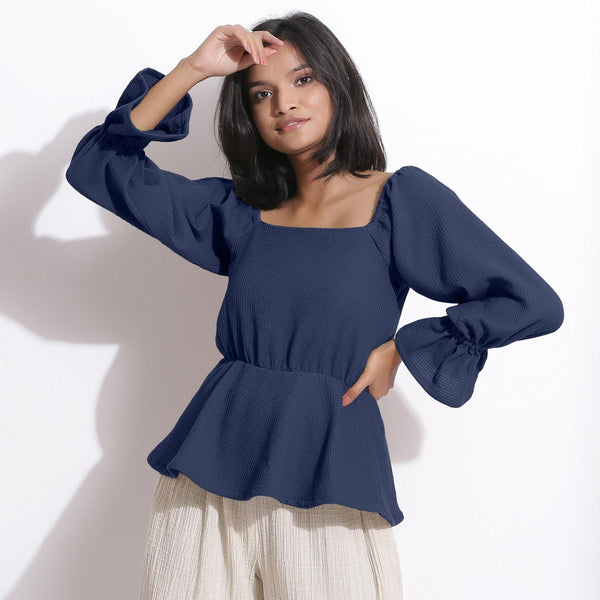Buy Navy Blue Warm Cotton Honeycomb Waffle Peplum Top Online at