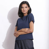 Left View of a Model wearing Navy Blue Cotton Waffle Woven T-Shirt