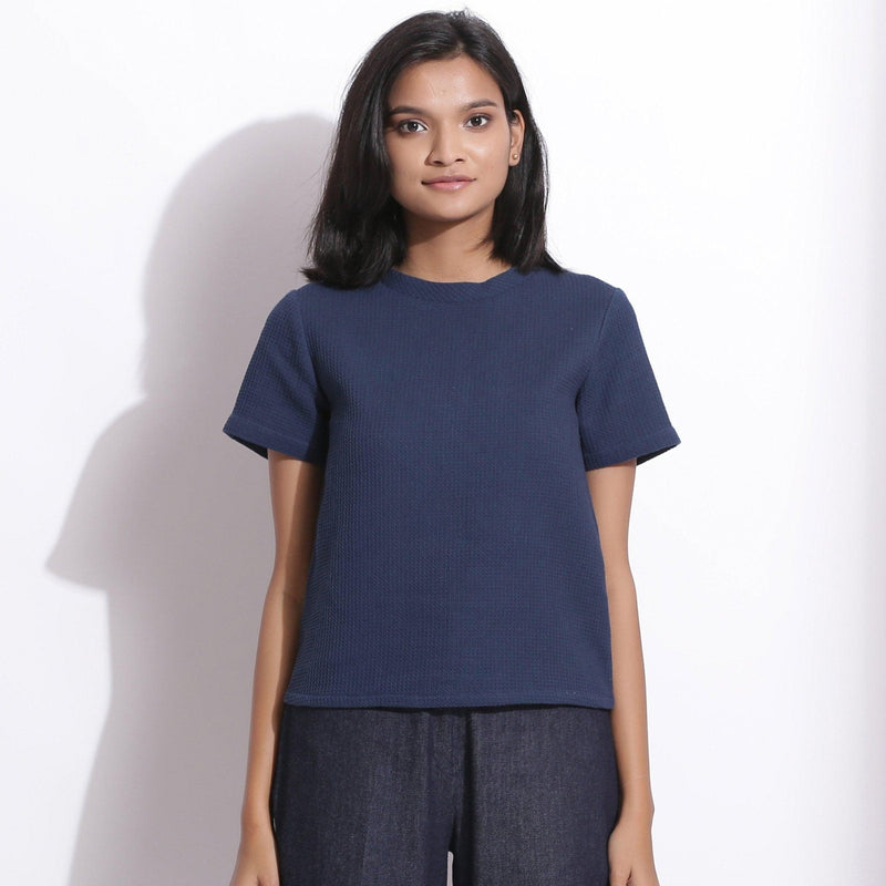 Front View of a Model wearing Navy Blue Cotton Waffle Woven T-Shirt