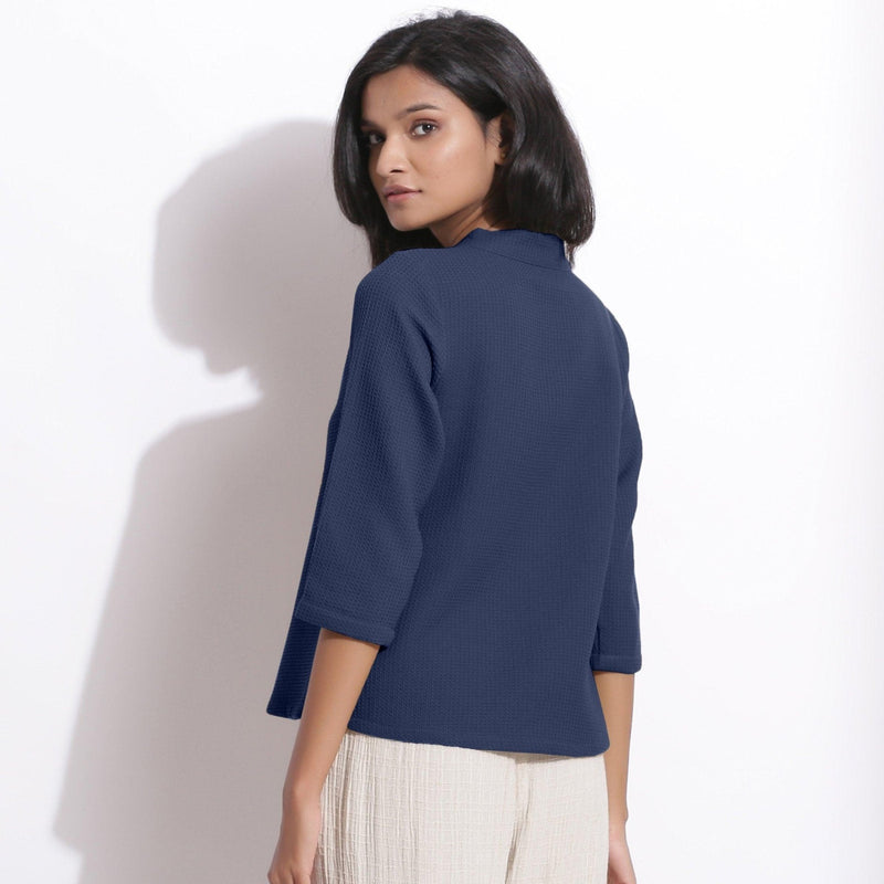 Back View of a Model wearing Navy Blue Cotton Waffle Button-Down Top