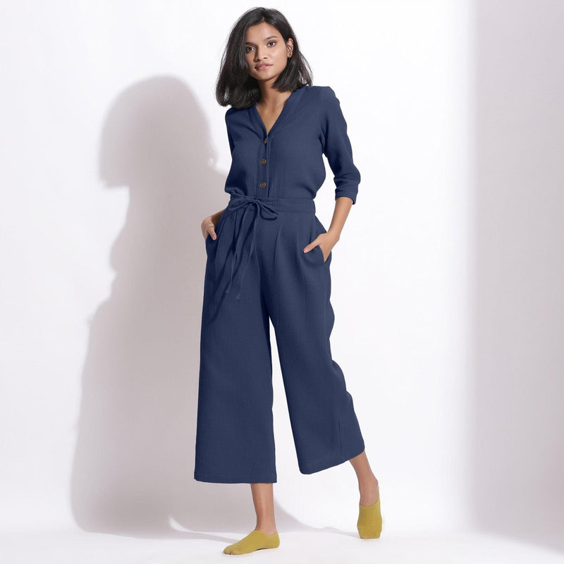 Front View of a Model wearing Navy Blue Cotton Waffle Relaxed Culottes