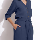 Front Detail of a Model wearing Navy Blue Cotton Waffle Relaxed Culottes