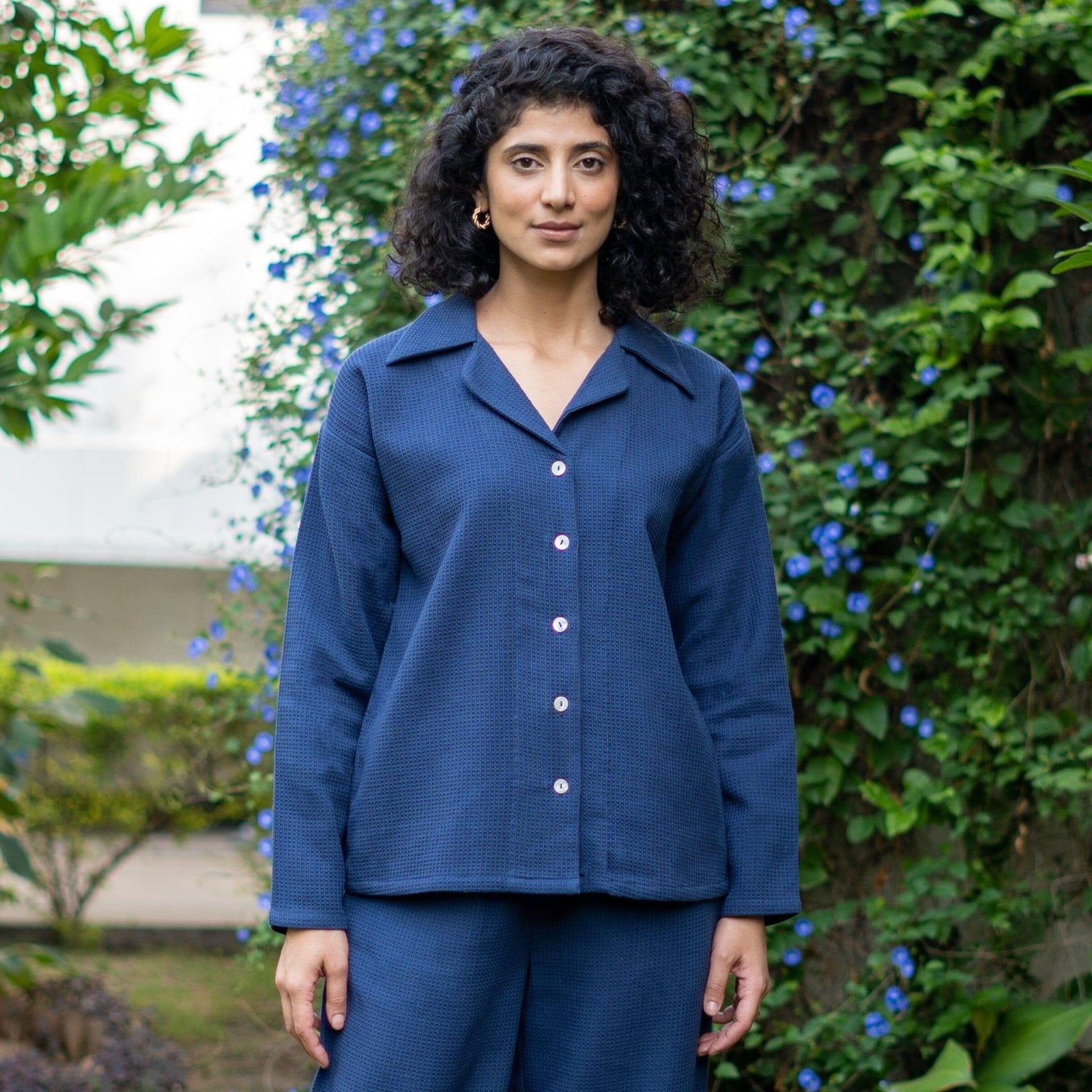Navy Blue Warm Cotton Waffle Comfort Fit Button-Down Shirt 38