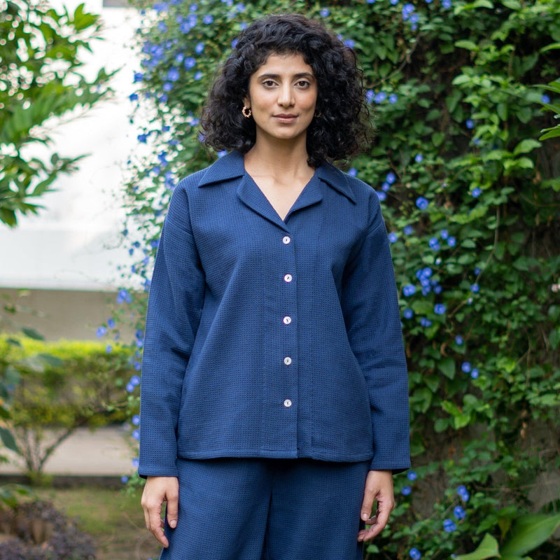 Navy Blue Warm Cotton Waffle Comfort Fit Button-Down Shirt 38" / Regular (5'2" - 5'6") Navy Blue Warm Cotton Waffle Comfort Fit Button-Down Shirt 38" / Regular (5'2" - 5'6")