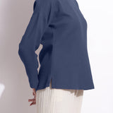 Right Detail of a Model wearing Navy Blue Cotton Waffle Drop Shoulder Top